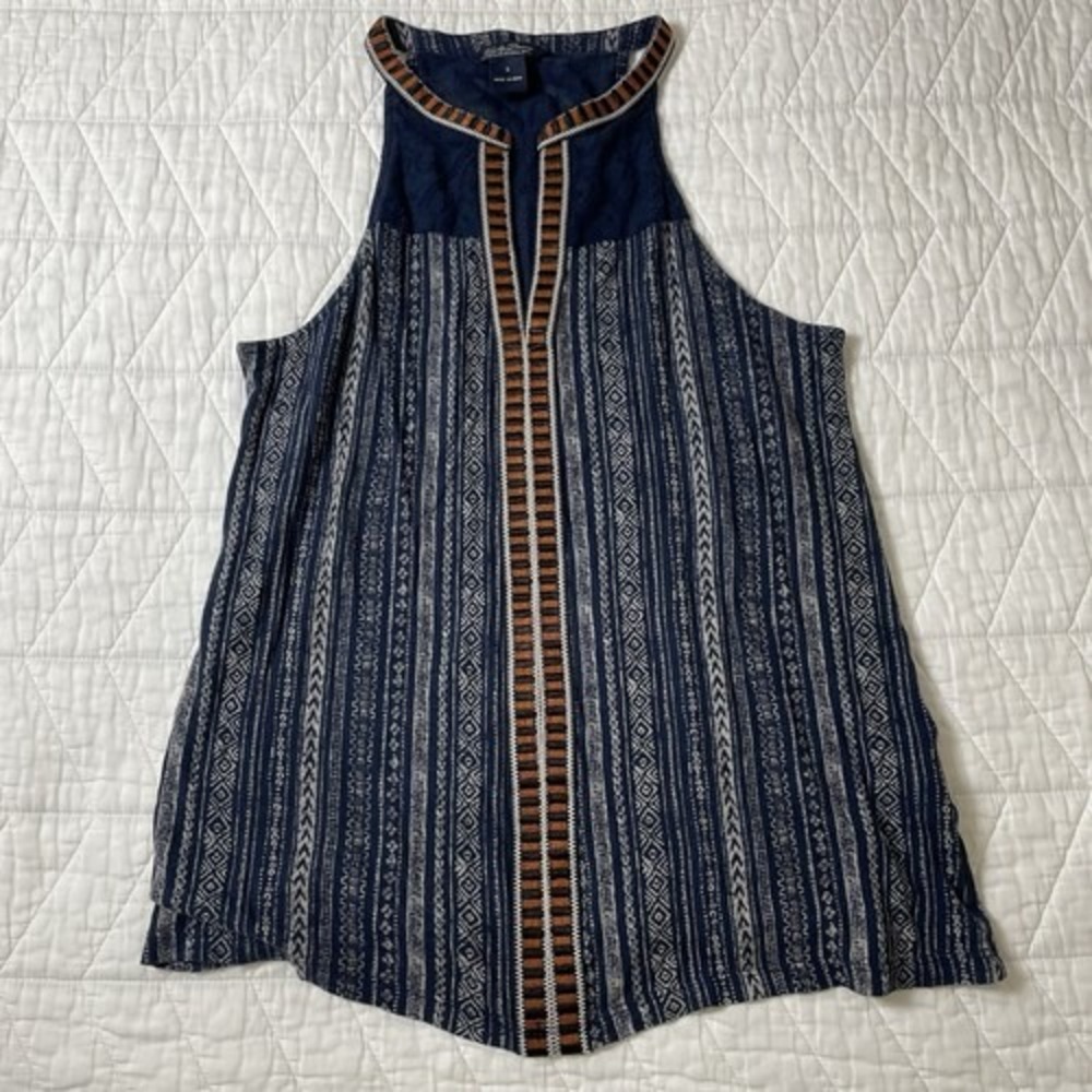 Lucky Brand Women's Blue Geometric Split Neck Sleeveless Tank Top Size S